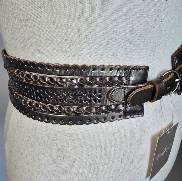 Anthropologie New Linea Pelle Leather Metallic Woven Statement Belt Size Large - Picture 3 of 9